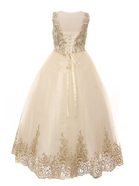 Little Girls Champagne Rhinestone Embroidered Full Length Formal Dress Dress 4-6 - SophiasStyle.com